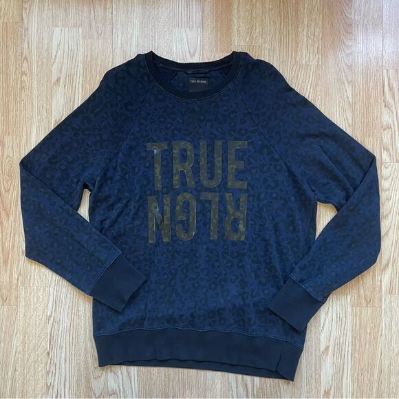 True Religion Dark Blue Leopard Print Pullover Sweater - Size: Medium - Picture 3 of 9